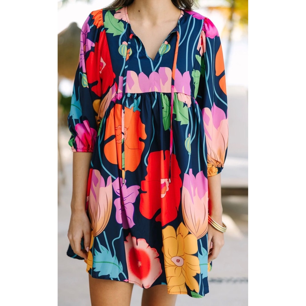 Floral Babydoll Mini Dress Navy Blue Multi Color Boho Tie Medium whimsi fairy y2